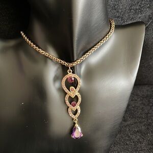 Gold rose amethyst drop tear pendant chain necklace